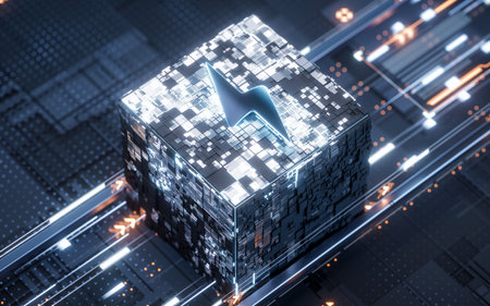 Circuit board and electrical chip core, 3d rendering. Digital drawing.
