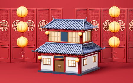 Chinese ancient building with retro style, 3d rendering. Digital drawing.の写真素材