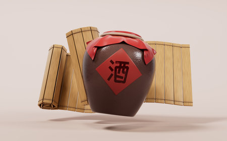 Chinese ancient wine with retro style, 3d rendering. Digital drawing. Translation on the jar: wine.の写真素材