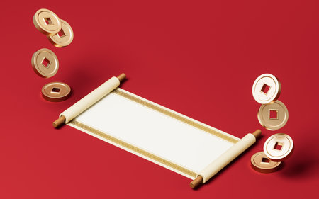 Chinese ancient reel with golden coins, 3d rendering. Digital drawing.