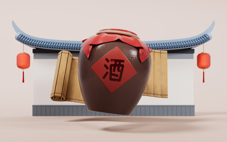 Chinese ancient wine with retro style, 3d rendering. Digital drawing. Translation on the jar: wine.の写真素材