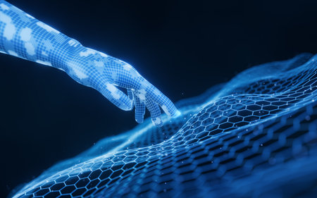 Cyberspace data lines with a virtual hand, 3d rendering. Computer digital drawing.の素材