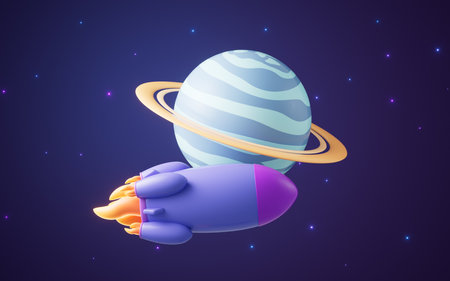 Rocket and outer space, 3d rendering. Digital drawing.
