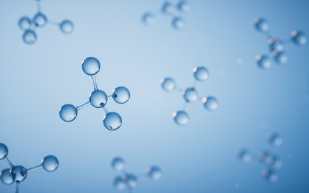 Molecules with blue background, 3d rendering. Digital drawing.の写真素材