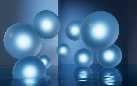 Transparent balls with water surface, 3d rendering. Digital drawing.の写真素材