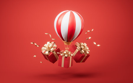 Hot air balloon and gift box, 3d rendering. Digital drawing.の写真素材