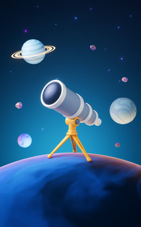 Telescope in outer space with cartoon style, 3d rendering. Digital drawing.の写真素材