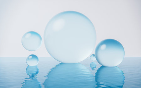 Transparent bubbles with water surface, 3d rendering. Digital drawing.の写真素材