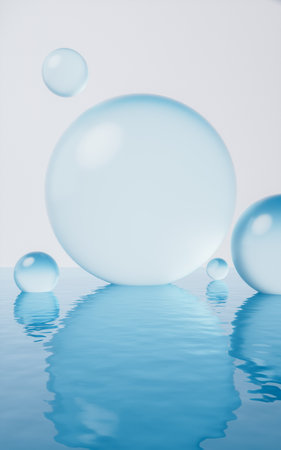 Transparent bubbles with water surface, 3d rendering. Digital drawing.の写真素材
