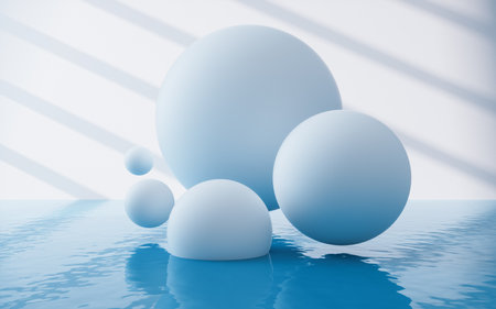White spheres with water surface, 3d rendering. Digital drawing.の写真素材