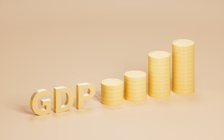 Growth of GDP with golden coins, 3d rendering. Digital drawing.の写真素材