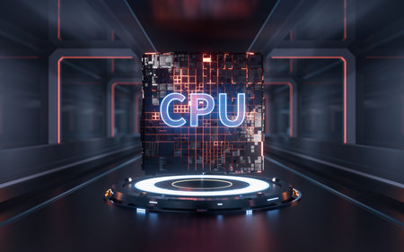 CPU cube with technology background, 3d rendering. Digital drawing.