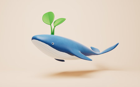 Blue whale with a green Leaf on its head, 3d rendering. Digital drawing.の写真素材