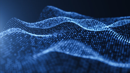 Digital blue wave particles background, 3d rendering. Digital drawing.