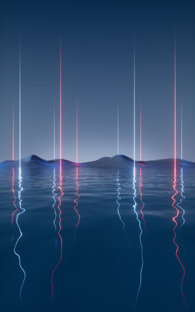 Dark lake with glowing neon lines, 3d rendering. Digital drawing.