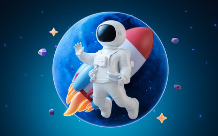 Cartoon spaceman with outer space background, 3d rendering. Digital drawing.