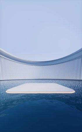 Empty room with water surface, 3d rendering. Digital drawing.