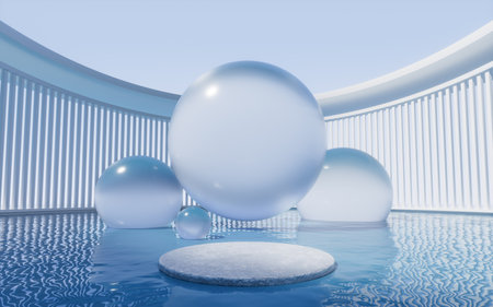 Empty stage with glass balls background, 3d rendering. Digital drawing.の写真素材
