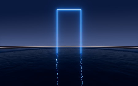 Glowing neon lines with water surface background, 3d rendering. Digital drawing.の写真素材