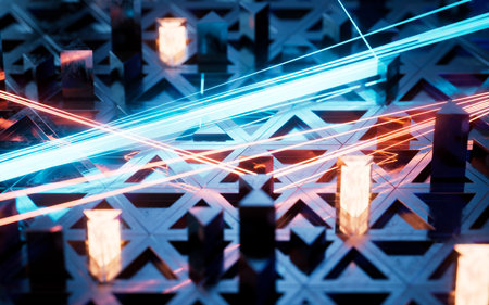 Digital circuit board with glowing neon lines, 3d rendering. Digital drawing.