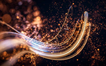 Flowing curve and particles background, 3d rendering. Digital drawing.の写真素材