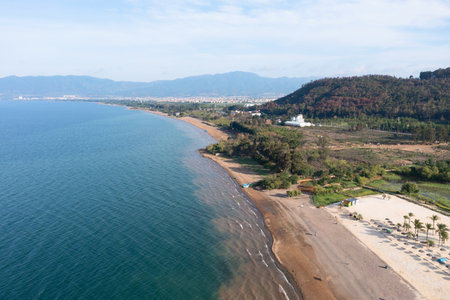 Beach in Fuxian Lake in Yunnan, China. Aerial view.の写真素材