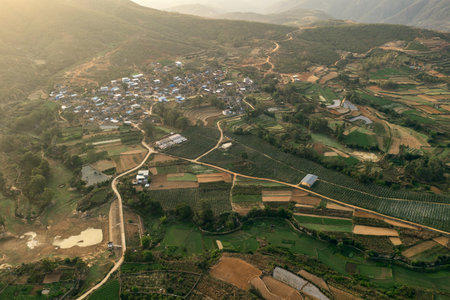 Villages and fields in Yunnan, China. Aerial photo.の写真素材