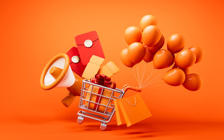 Cartoon shopping cart with shopping theme, 3d rendering. Digital drawing.の写真素材