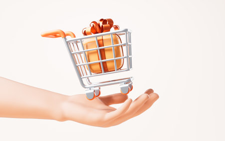 Shopping cart in a hand, 3d rendering. Digital drawing.の写真素材