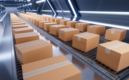 Packaging box and conveyor belt, 3d rendering. Digital drawing.の写真素材
