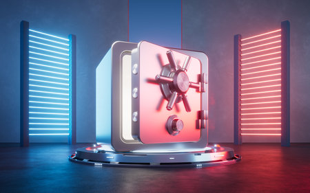 Safe box with glowing neon lights, 3d rendering. Digital drawing.の写真素材