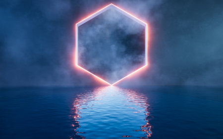 Glowing neon lines with water surface, 3d rendering. Digital drawing.の写真素材