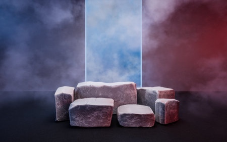 Dark room with smoke effect, 3d rendering. Digital drawing.