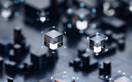 Metallic cube circuit board, 3d rendering. 3D illustration.