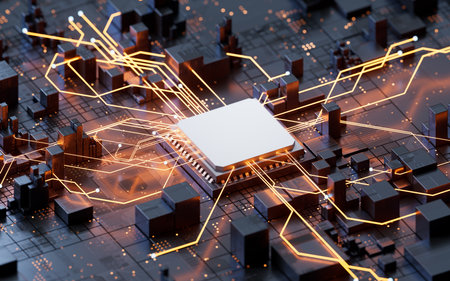 Technology circuit board and core, 3d rendering. 3D illustration.