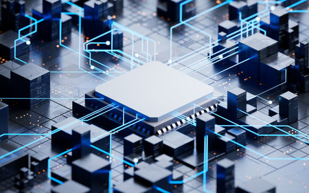 Technology circuit board and core, 3d rendering. 3D illustration.