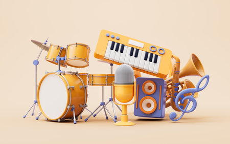 Music instruments with cartoon style, 3d rendering. 3D illustration.の写真素材