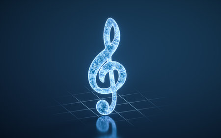 Music note clef with blue technology structure, 3d rendering. 3D illustration.