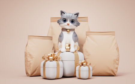 Little cat and brown blank paper package bag, 3d rendering. 3D illustration.の写真素材