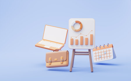 Office scene with office supplies, 3d rendering. 3D illustration.の写真素材