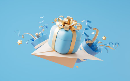 Gift box with celebrating elements, 3d rendering. 3D illustration.の写真素材