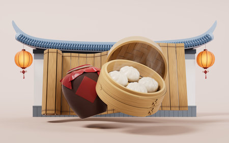 Chinese food baozi in food steamer, 3d rendering. 3D illustration.の写真素材