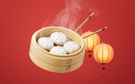 Chinese food baozi in food steamer, 3d rendering. 3D illustration.の写真素材