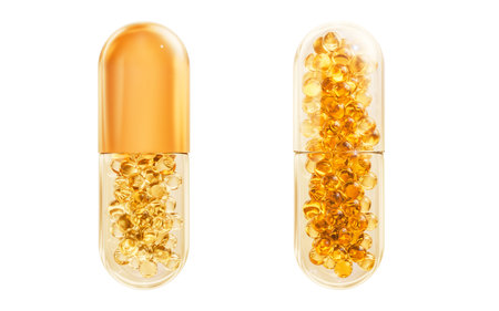 Golden capsule with biological concept, 3d rendering. 3D illustration.の写真素材