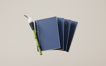 Ancient Chinese book and ink brush, 3d rendering. 3D illustration.