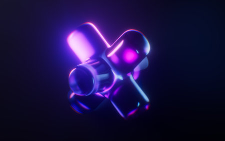 Dark gem glass with neon light effects, 3d rendering. 3D illustration.の写真素材