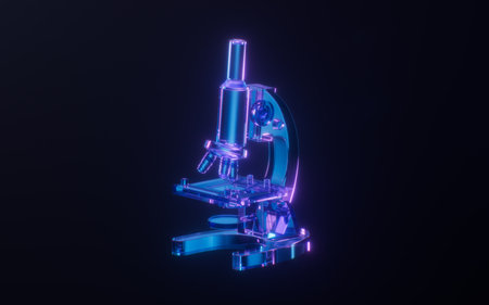Microscope with dark neon light effect, 3d rendering. 3D illustration.の写真素材