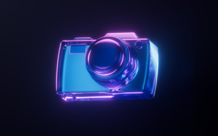 Camera with dark neon light effect, 3d rendering. 3D illustration.の写真素材