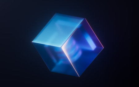 Dark gem glass with neon light effects, 3d rendering. 3D illustration.