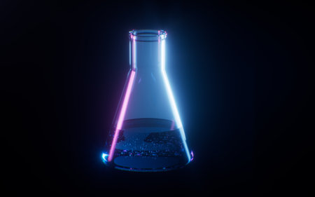 Conical flask with dark neon light effect, 3d rendering. 3D illustration.の写真素材